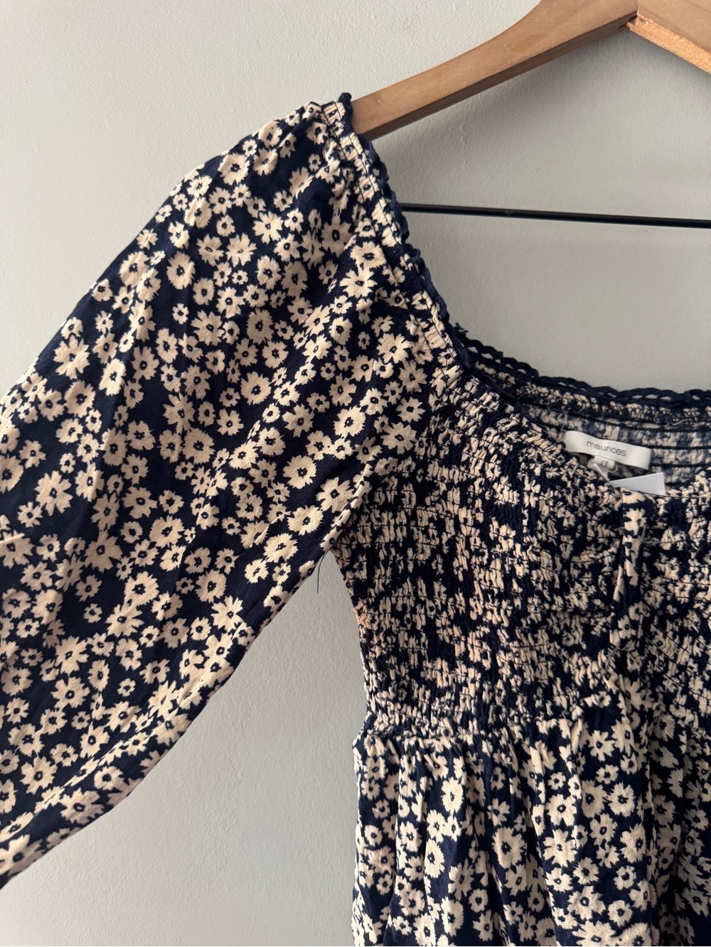Maurices | Navy and Cream Floral Smocked Peasant Top | XS - Picture 3 of 4